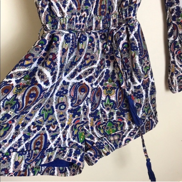 Umgee Paisley Blue Tassel Bell Sleeve Romper - Picture 4 of 8